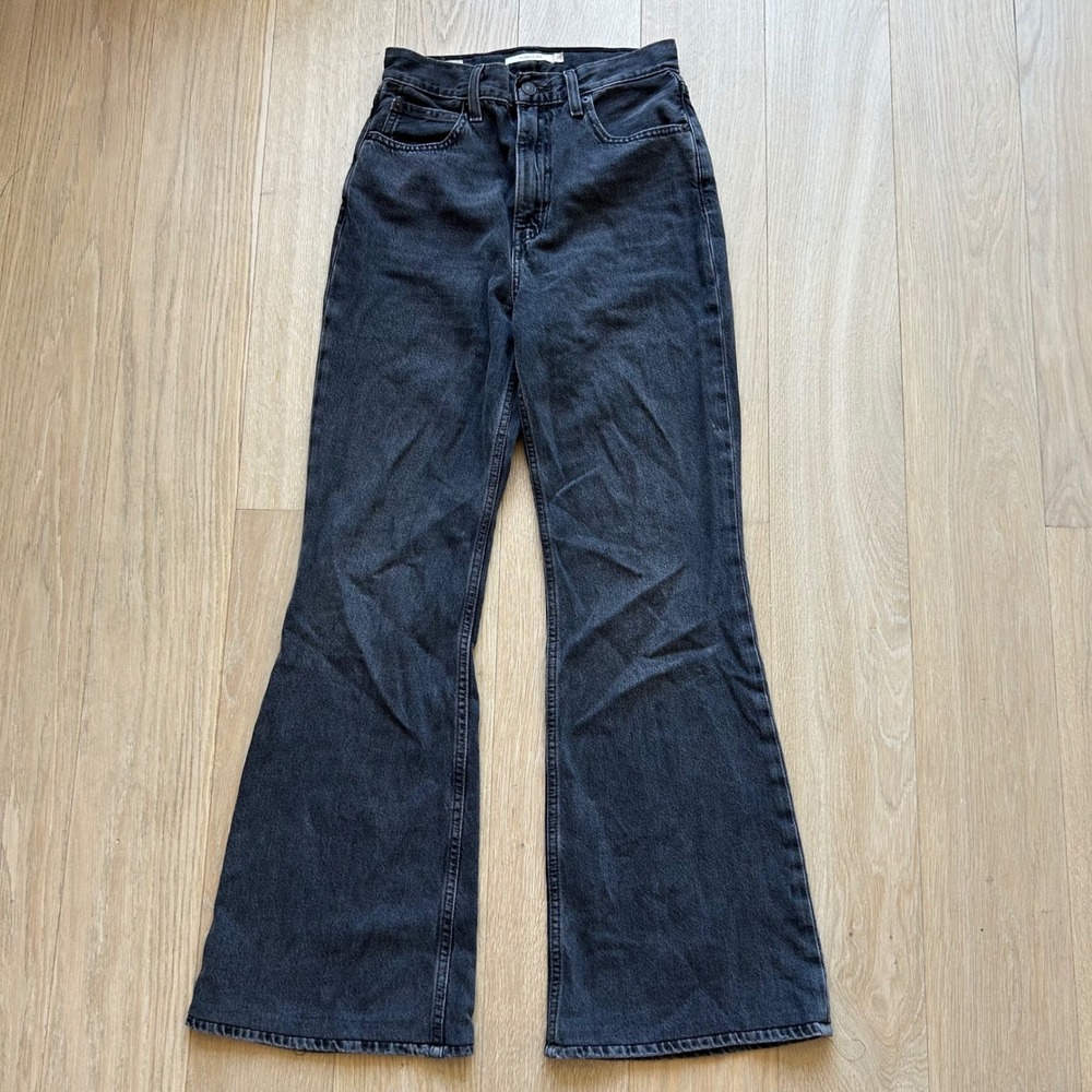 Levi's 70s High Flare Jeans 25 Black Washed Denim High Rise Retro Boho Festival